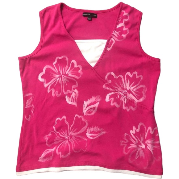 Carolyn Taylor Tops - “Carolyn Taylor” Pink tank top with a V-neckline and hibiscus flower details